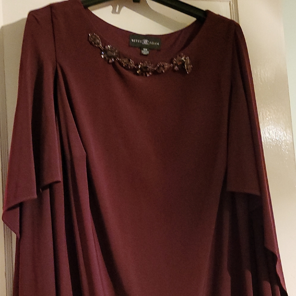 Betsy & Adam Burgundy Dress with Embellished Neckline